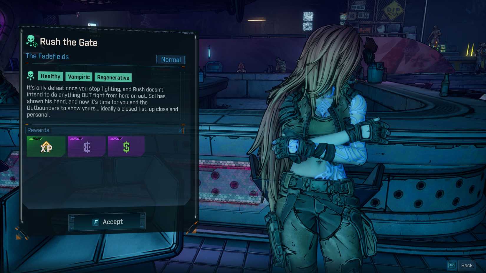 Uma captura de tela de Borderlands 4 mostrando Lilith e uma tela explicando a pressa The Gate Wildcard Quest