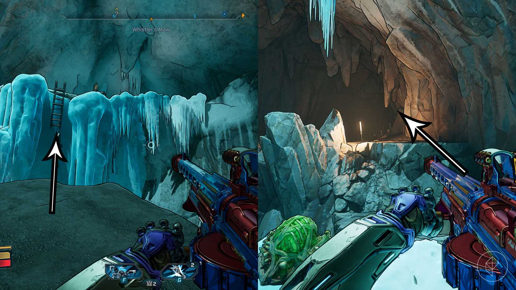 Uma montagem de duas imagens de Borderlands 4 mostrando o caminho que os jogadores devem seguir para encontrar o chefe do ShadowPelt