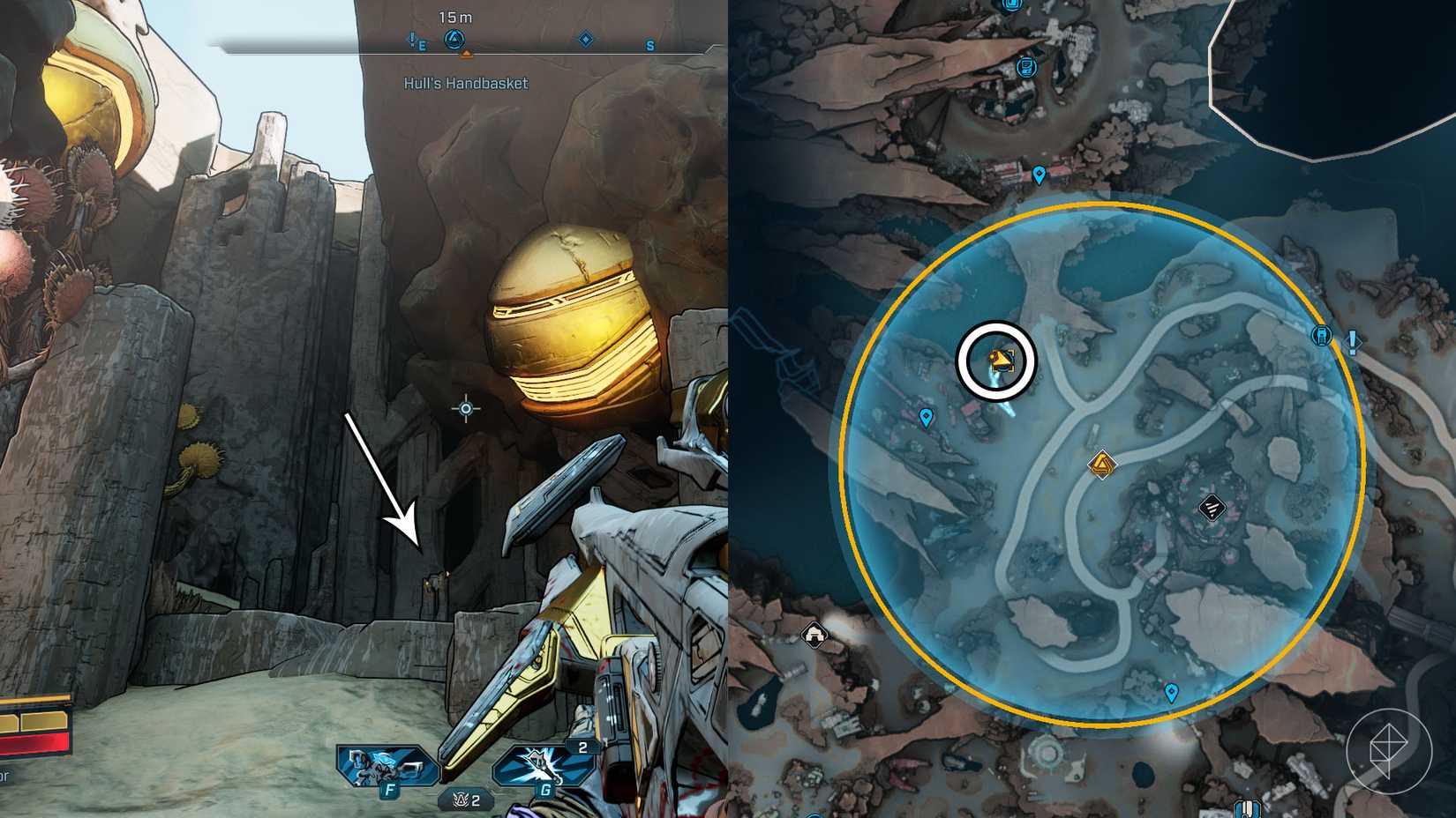 Uma montagem de duas imagens Borderlands 4 mostrando o local onde você encontra o terceiro fragmento -chave para abrir o carcá