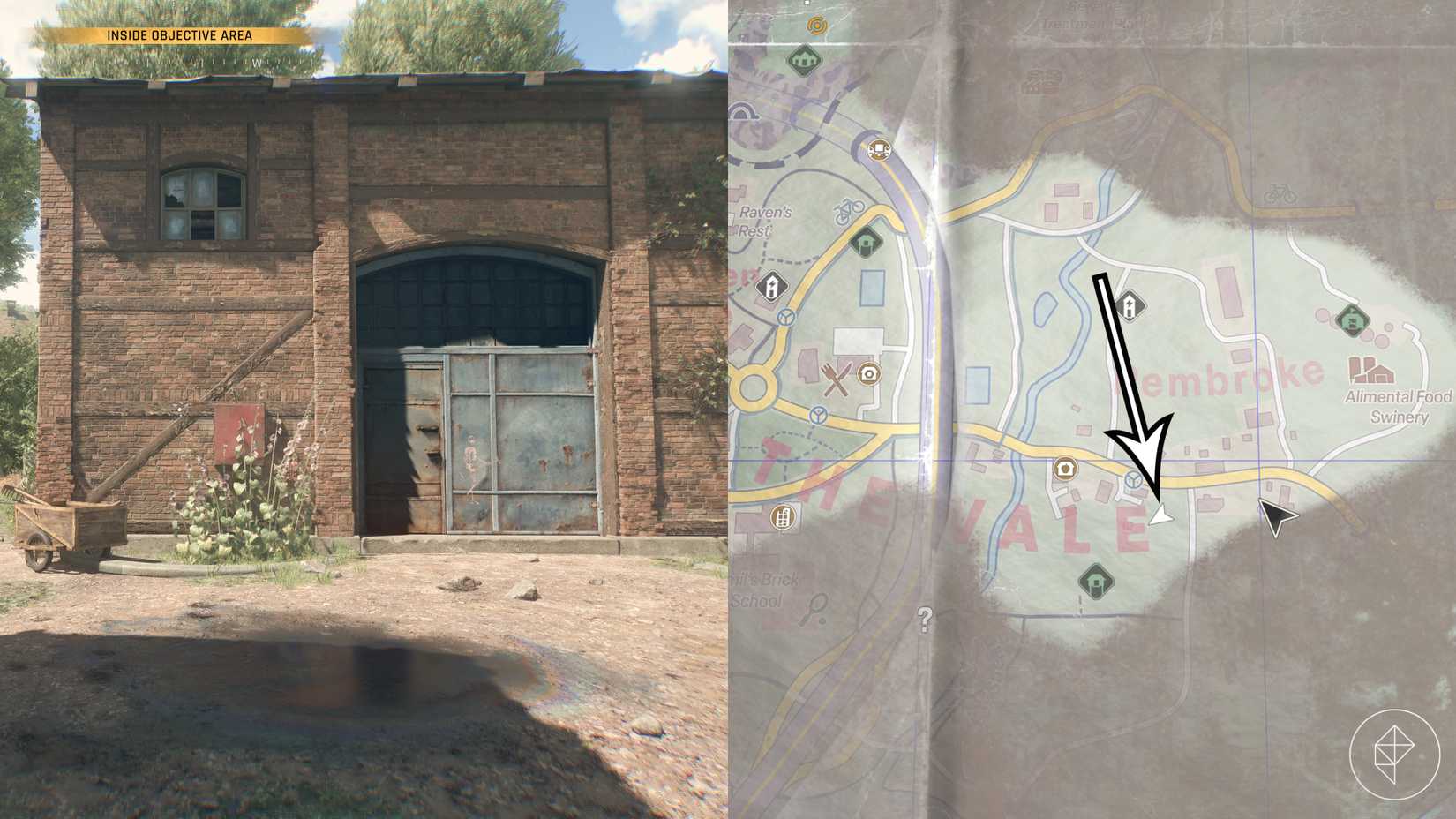 O edifício de armazenamento com três cofres dentro durante a última busca do desejo em Light Dying: The Beast.