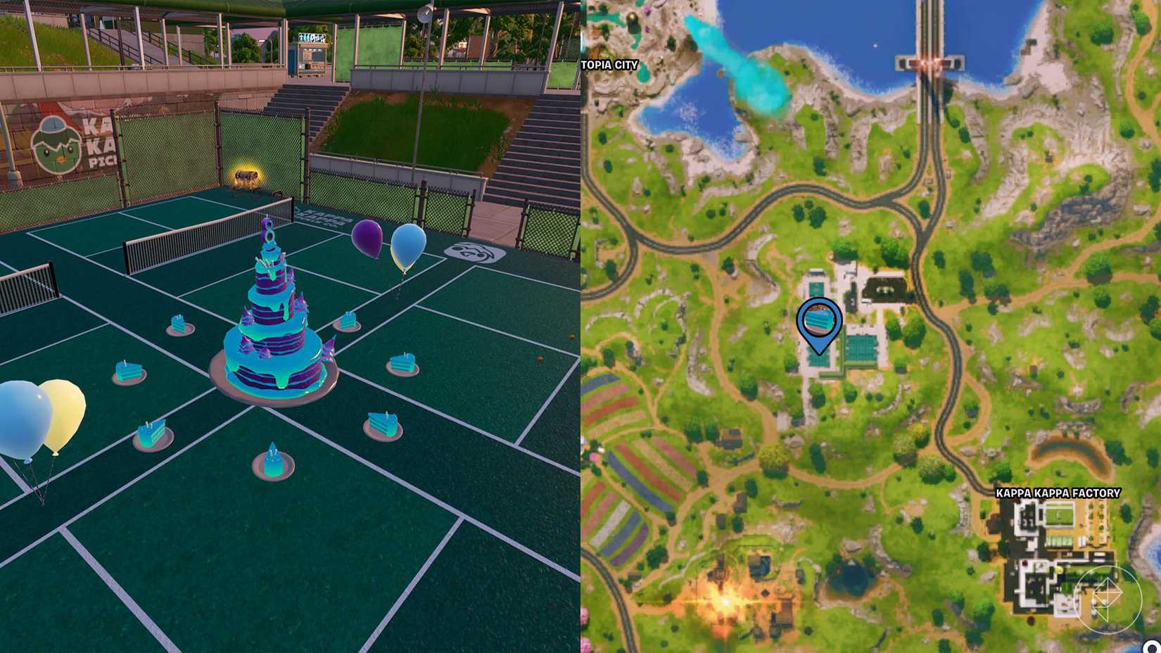 Bolo de aniversário encontrado em uma quadra de tênis em Fortnite.