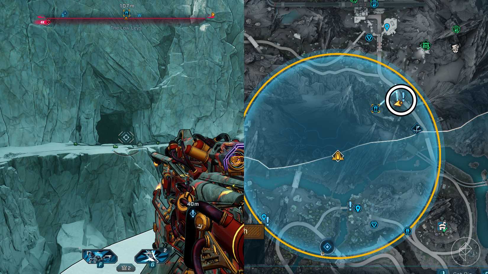 Uma montagem de duas imagens Borderlands 4 mostrando onde os jogadores podem encontrar a entrada da caverna onde a porta do cofre da gama Terminsu está localizada