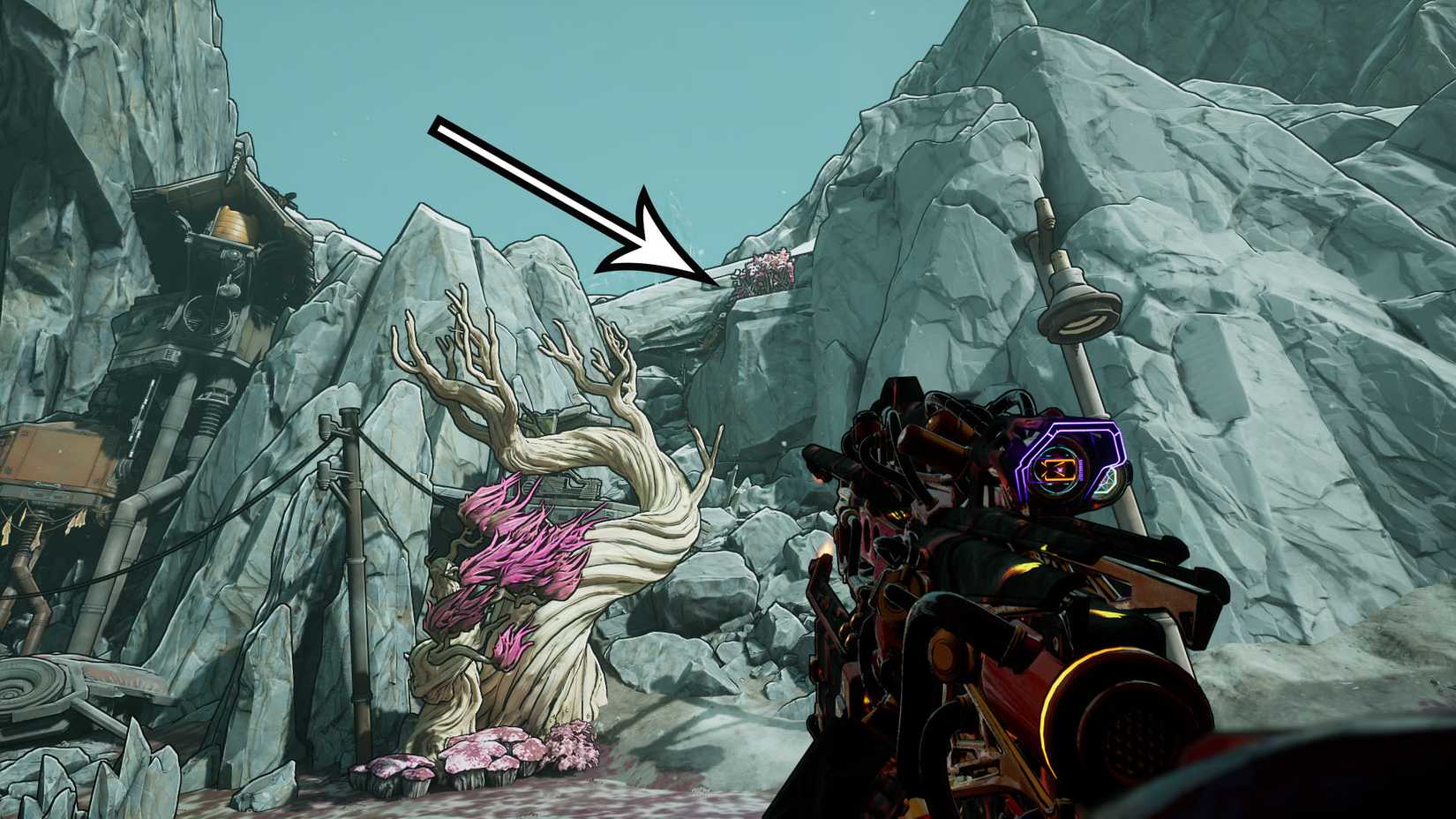 Uma captura de tela Borderlands 4 mostrando onde os jogadores devem escalar para encontrar o segundo fragmento -chave para abrir o Terminus Range Vault