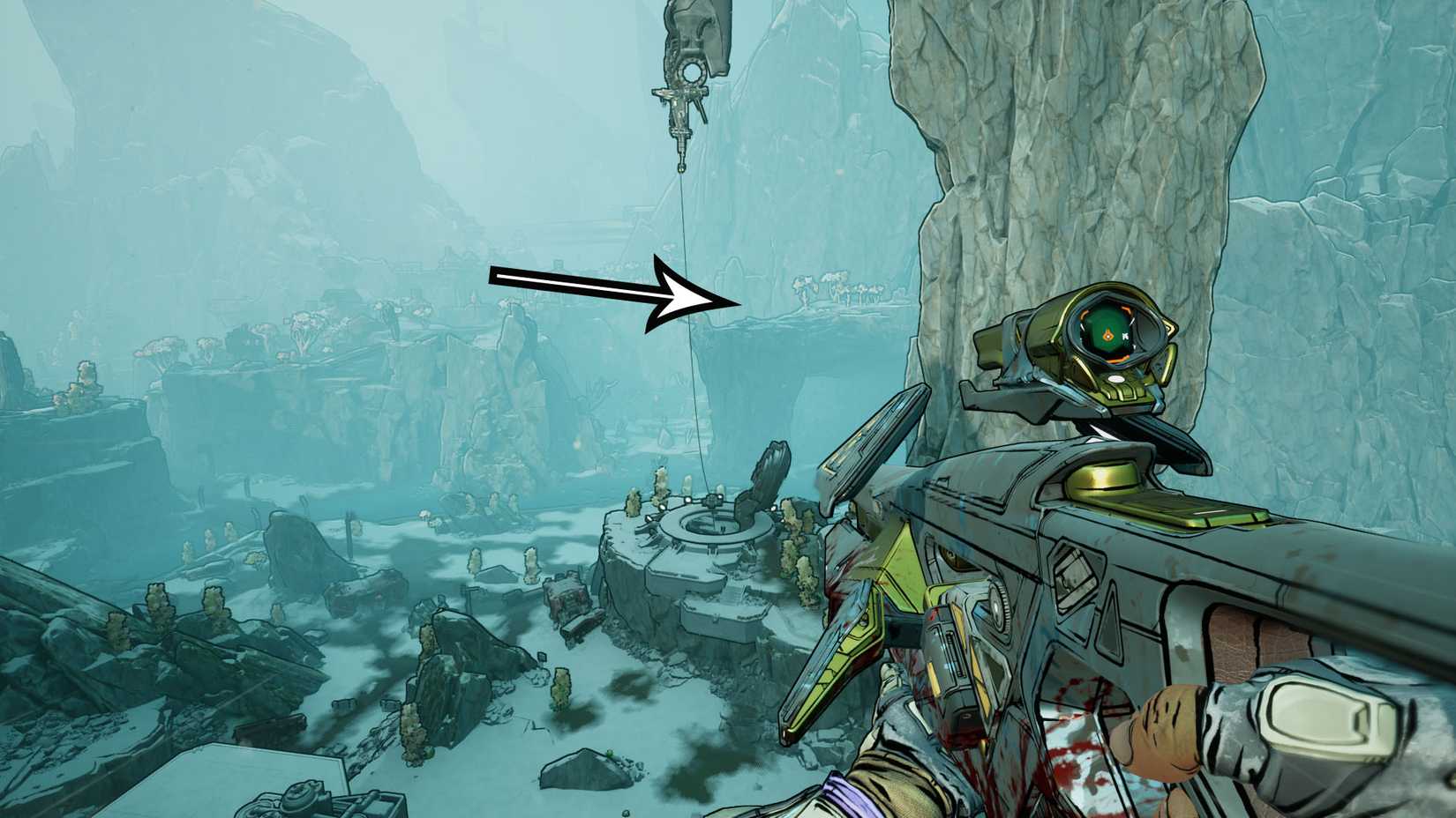 Uma captura de tela Borderlands 4 mostrando para onde os jogadores devem ir usando um balão de um silo para encontrar o terceiro fragmento -chave para abrir o Terminus Range Vault