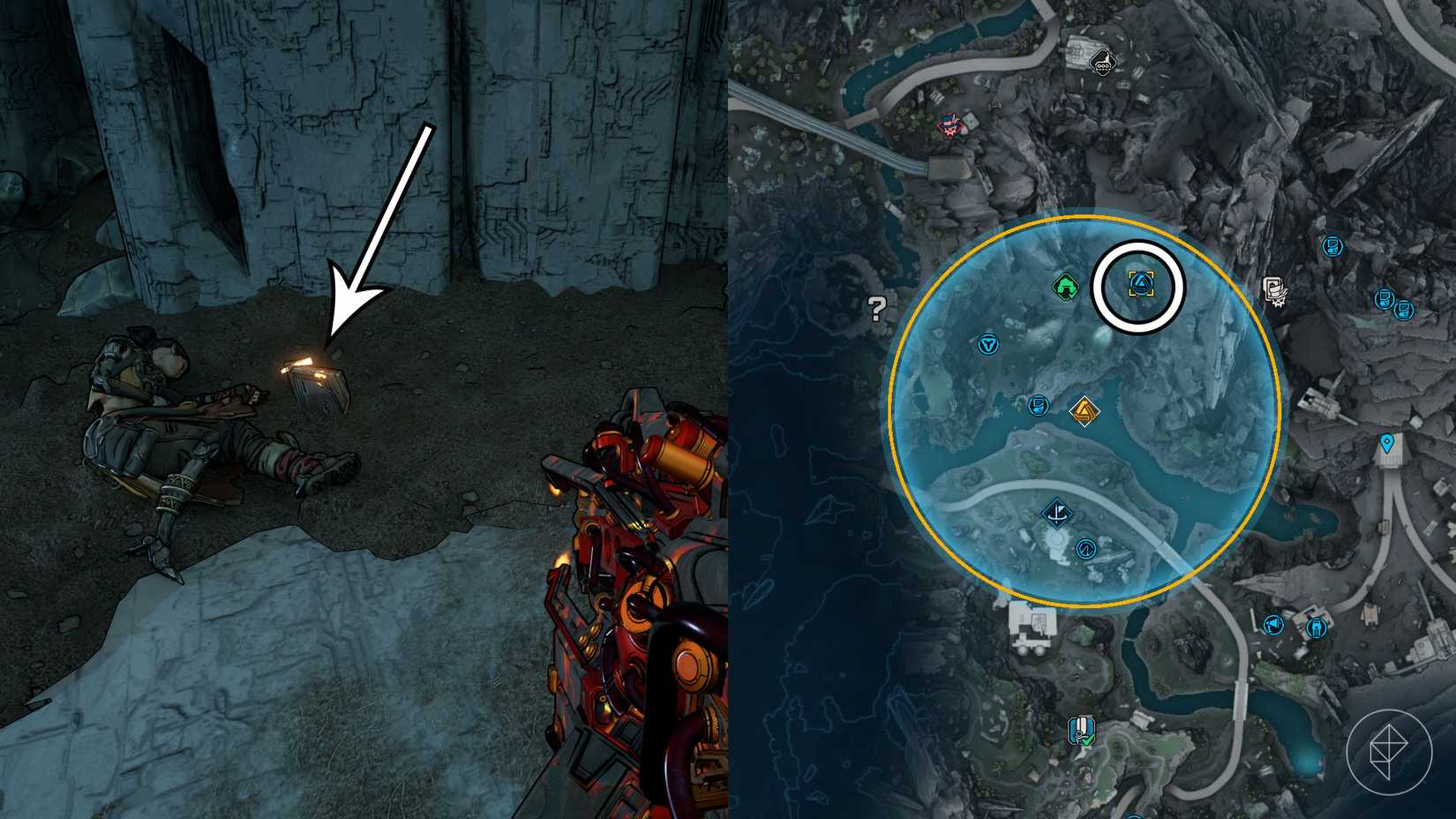 Uma montagem de duas imagens Borderlands 4 mostrando onde os jogadores encontram o terceiro fragmento -chave para o Terminus Range Vault