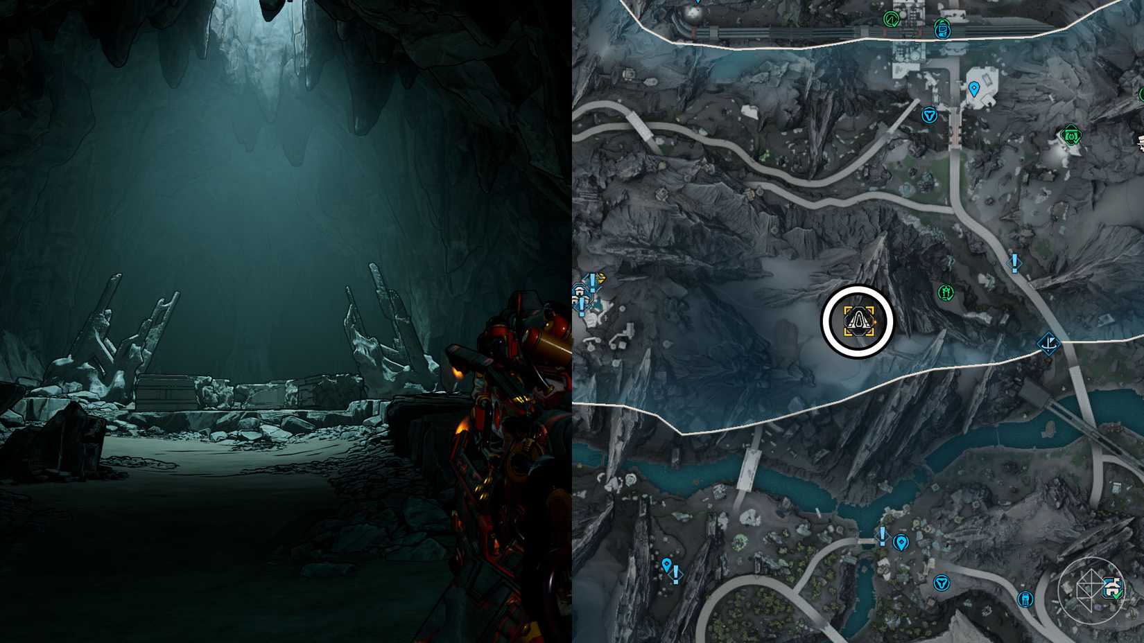 Uma montagem de duas imagens de Borderlands 4 mostrando onde os jogadores encontram devem colocar os principais fragmentos para desbloquear a porta do cofre do Terminus Range