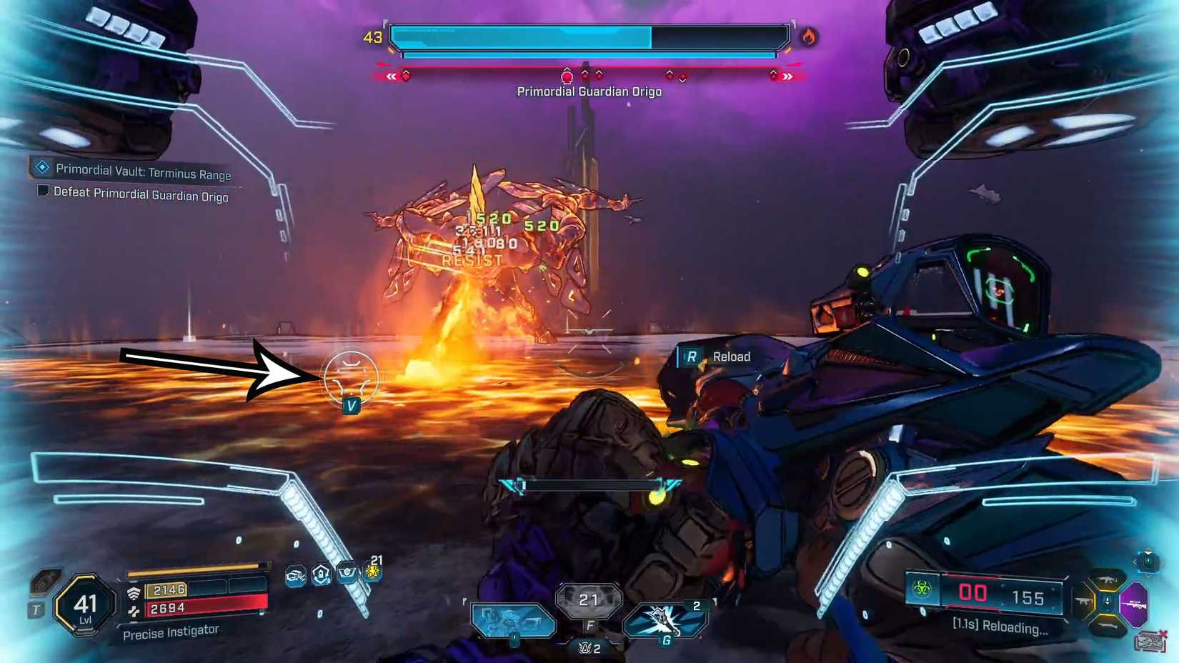 Uma captura de tela de Borderlands 4 mostrando onde os jogadores devem usar seu gancho durante a luta de Origo para abrir um buraco no chão e criar um pilar de ar.
