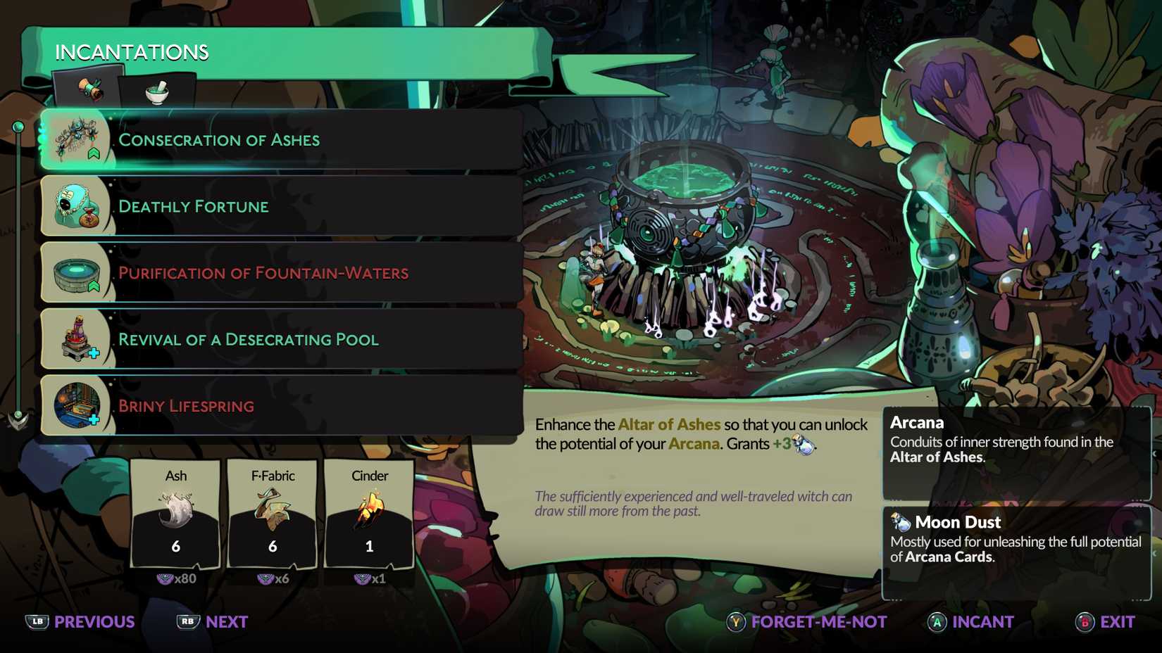 O encantamento necessário para colocar a poeira da lua em Hades 2.