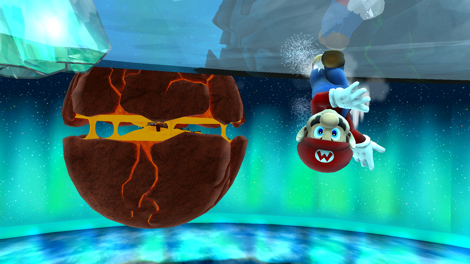 Mario corre de cabeça para baixo em uma superfície com um planeta aberto, revelando seu magma atrás dele em Super Mario Galaxy