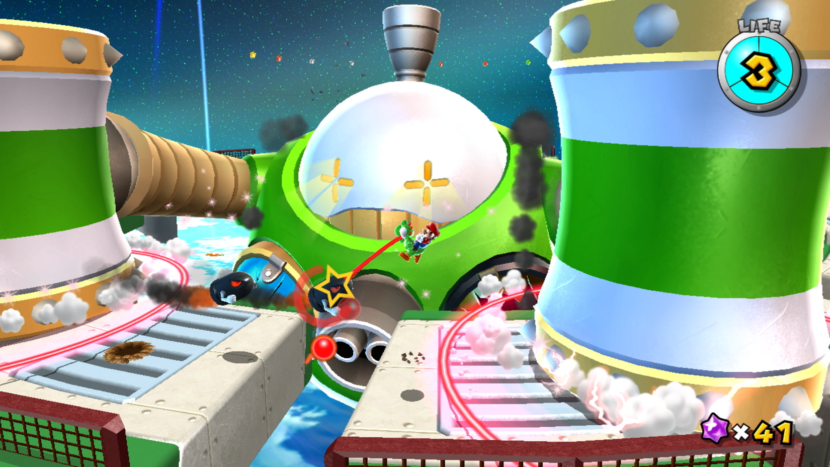 Mario em Yoshi pula na frente de um chefe de robô gigante em Super Mario Galaxy 2