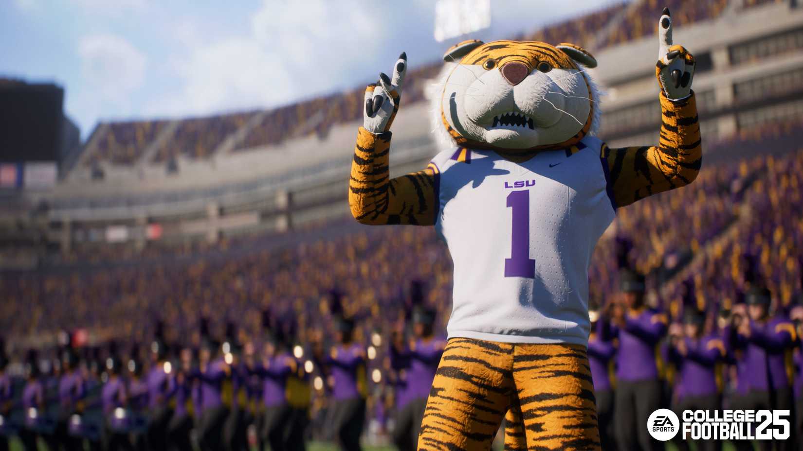 Uma captura de tela do mascote LSU Tiger apontando para o céu em um estádio do EA Sports College Football 25