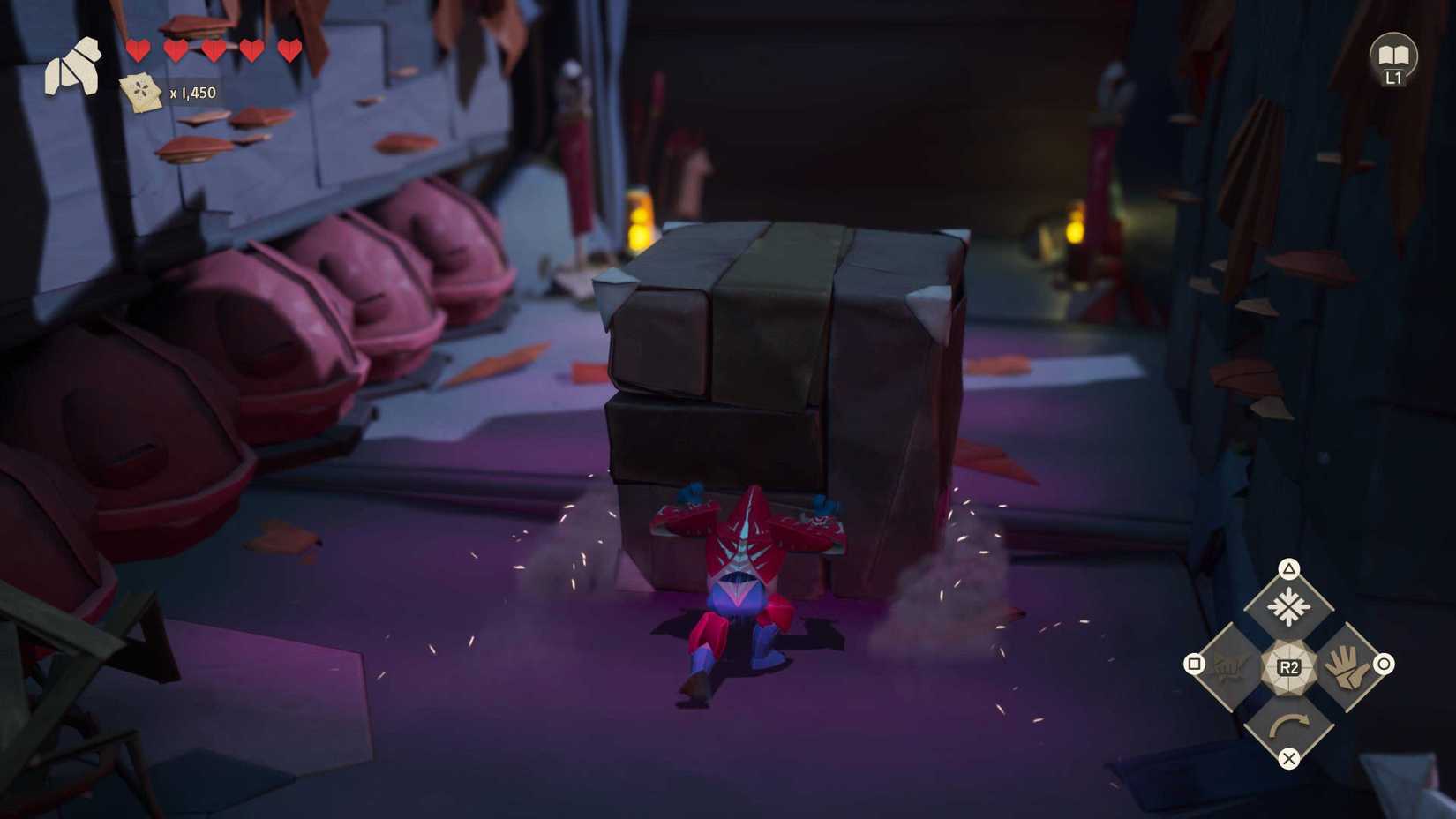 Hiro como um macaco de origami empurrando um bloco para a plataforma em Hirogami.