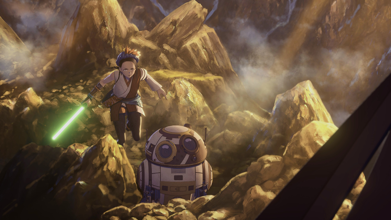 Captura de tela do Volume 3 de Visões de Guerra nas Estrelas. Descreve uma mulher com um sabre de luz verde, chegando atrás de um Astromech. 