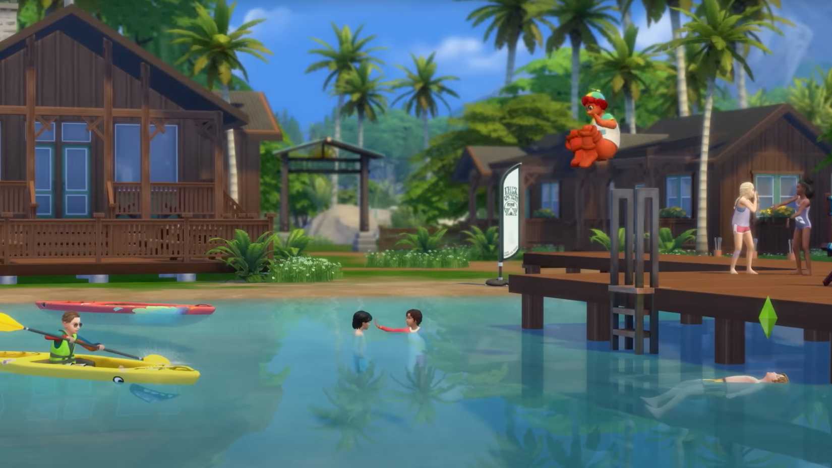 Um grupo de crianças-SIMs (e um amigo imaginário) aproveita as águas em Camp Gibbi Gibbi.