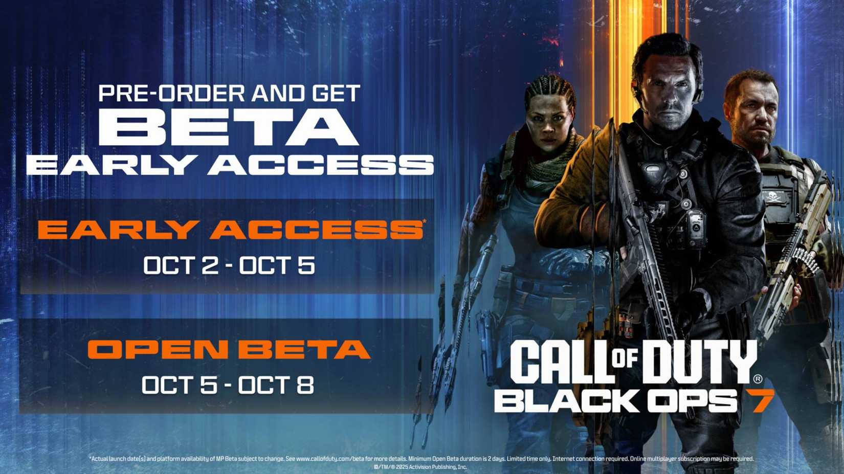A imagem promocional para o Black Ops 7 beta, mostrando as datas disponíveis (2-8 de outubro).