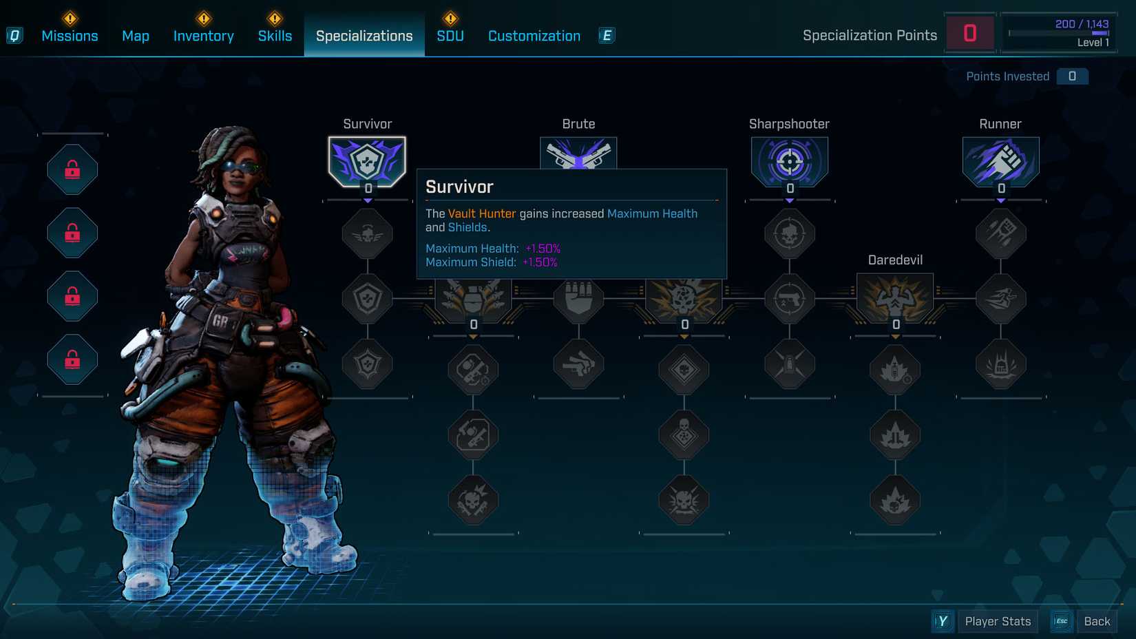 Uma captura de tela Borderlands 4 mostrando a tela de especialização sem pontos investidos