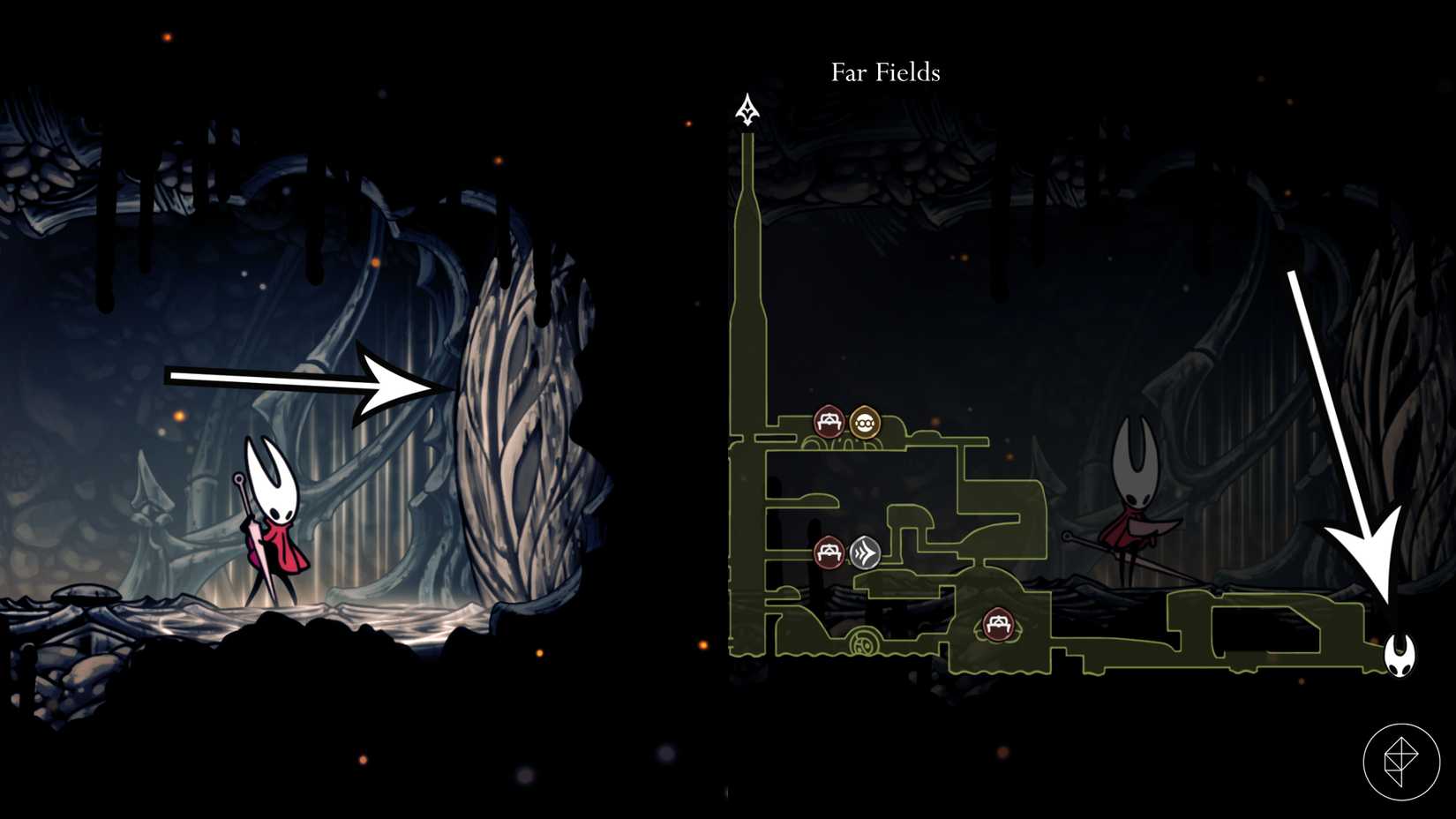A entrada de uma área secreta usando Needolin nos campos mais distantes em Hollow Knight: Silksong.