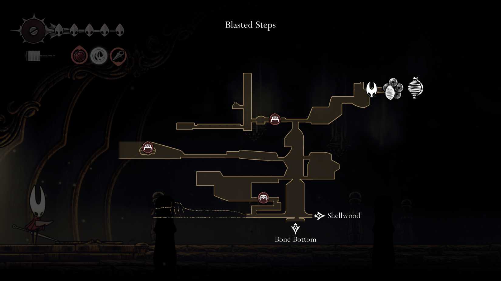 Um mapa mostrando onde encontrar vagadores de areia em Silksong