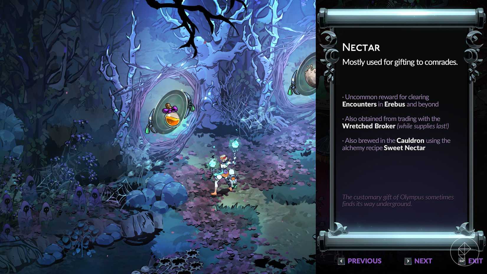 Melinoë em pé em frente a um encontro com o néctar como uma recompensa em Hade 2.