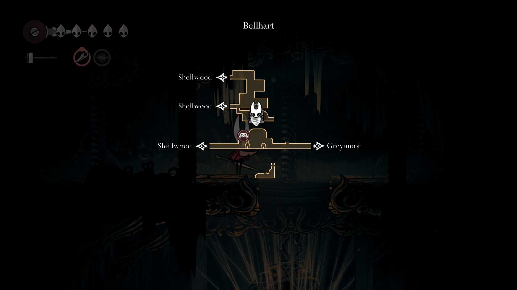 Um mapa mostrando onde encontrar viúva em Silkong