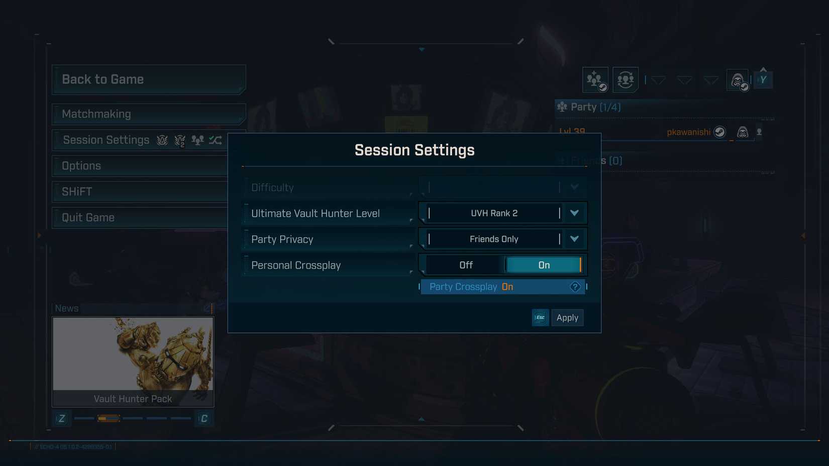 Uma captura de tela de Borderlands 4 mostrando a tela de fixação da sessão, onde os jogadores podem mudar para o Modo de Caçador de Vault Ultimate