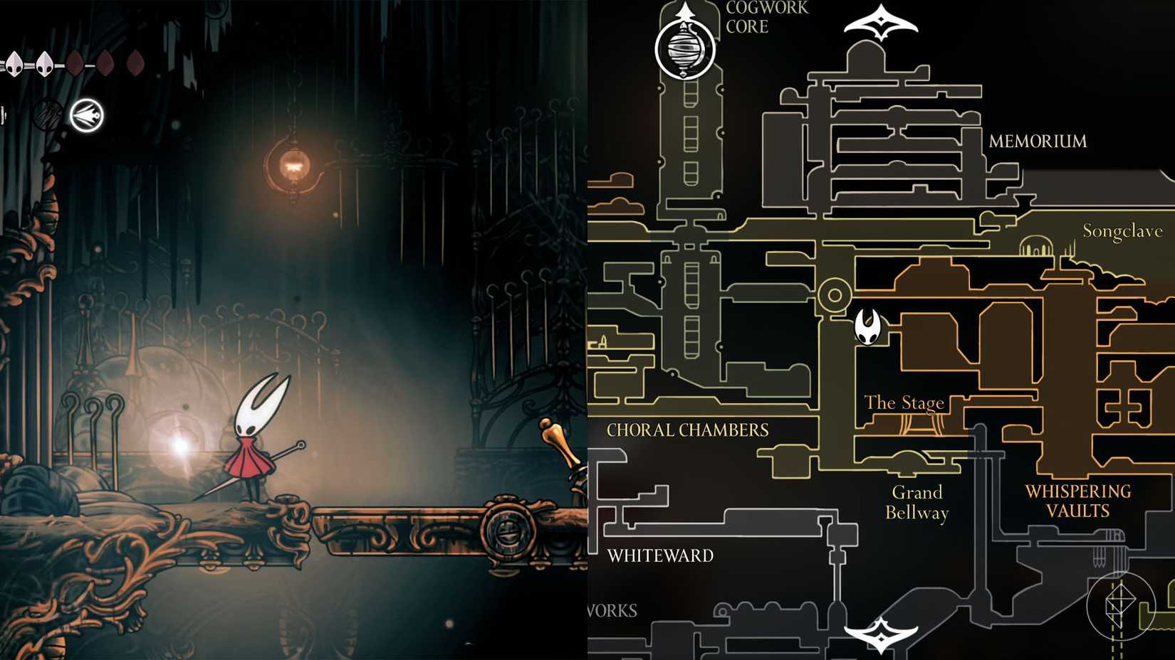 Hornet parado ao lado da localização do óleo pálido na loja de agulhas em câmaras corais em Silksong.