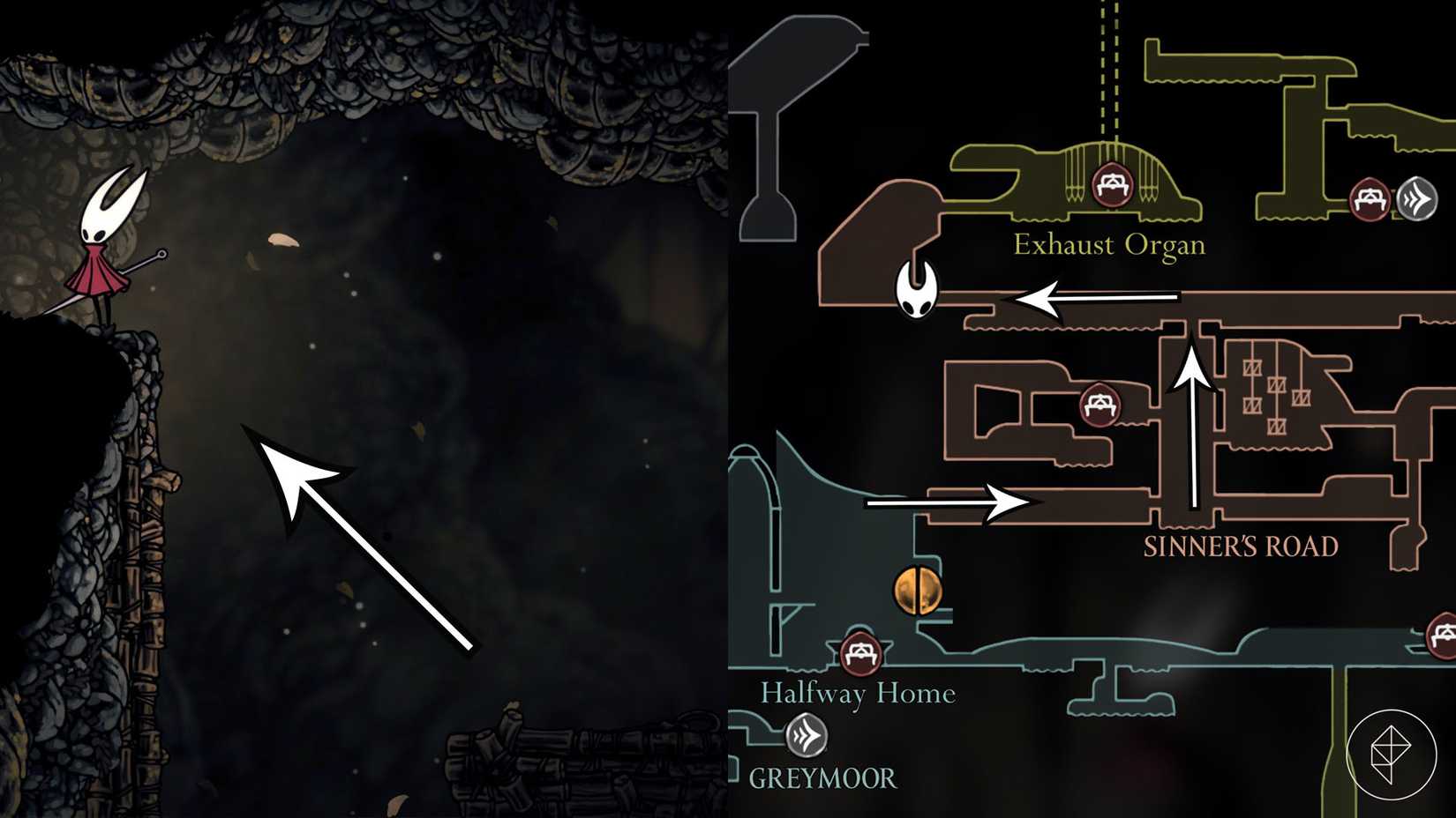 Hornet em pé, onde uma parede destrutível está localizada na estrada do pecador em Silksong.