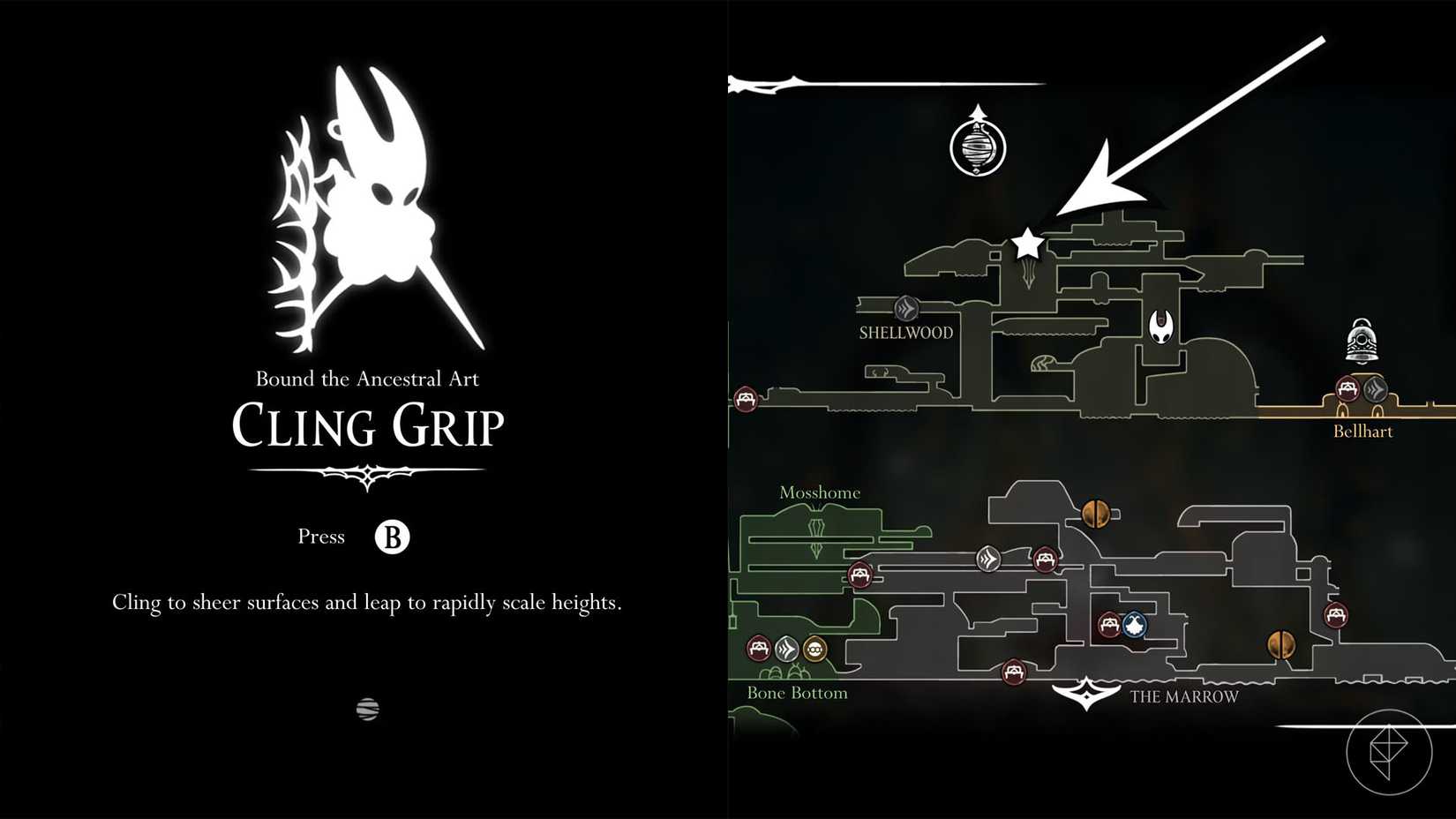A localização para desbloquear o aperto de aderência marcado no mapa de Hollow Knight: Silksong.