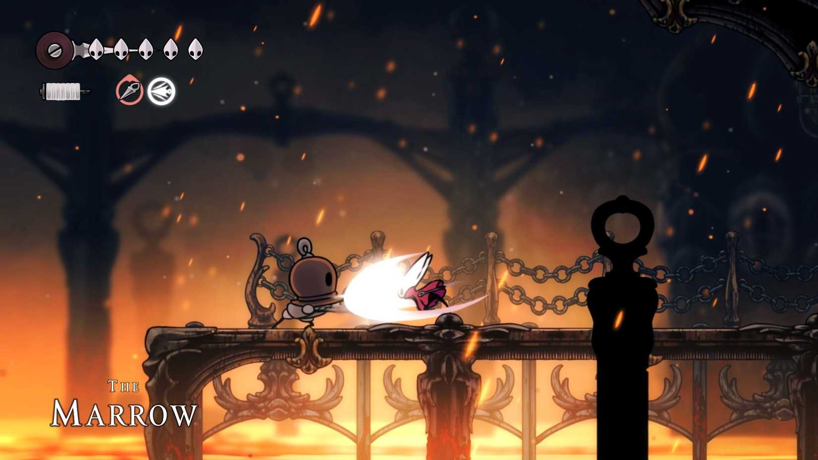 Hornet em Silksong aparecendo um inimigo na região da medula