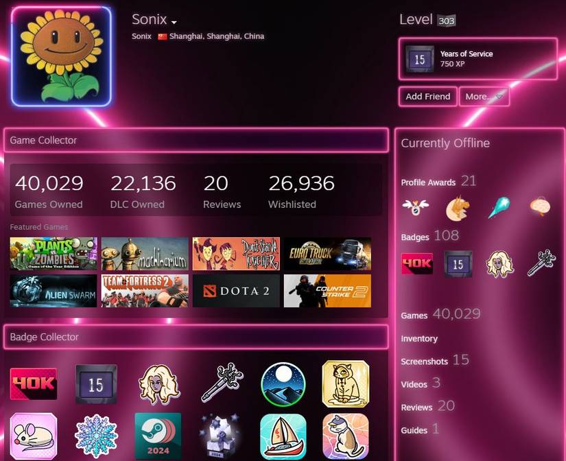 Perfil a vapor de Sonixlegend; Eles são o usuário único com o crachá por possuir 40.000 títulos na plataforma centrada no PC.