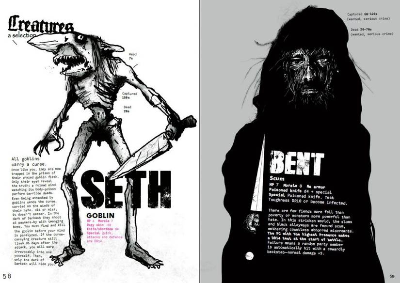 As duas páginas de Mork Borg com as estatísticas e os tradições para os monstros Goblin e Scum