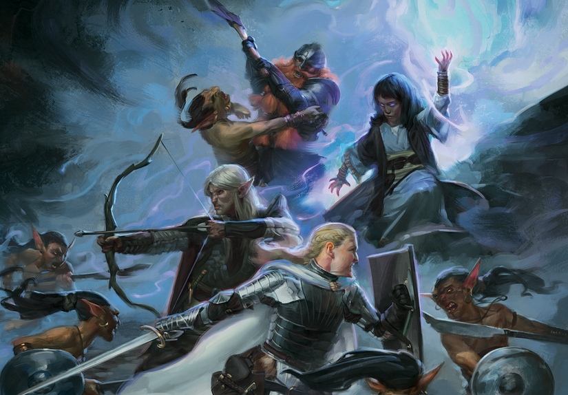 Dungeons and Dragons - arte promocional, onde um partido de aventureiros, incluindo um ranger élfico e um guerreiro anão, trabalha como uma equipe contra um pacote de duendes