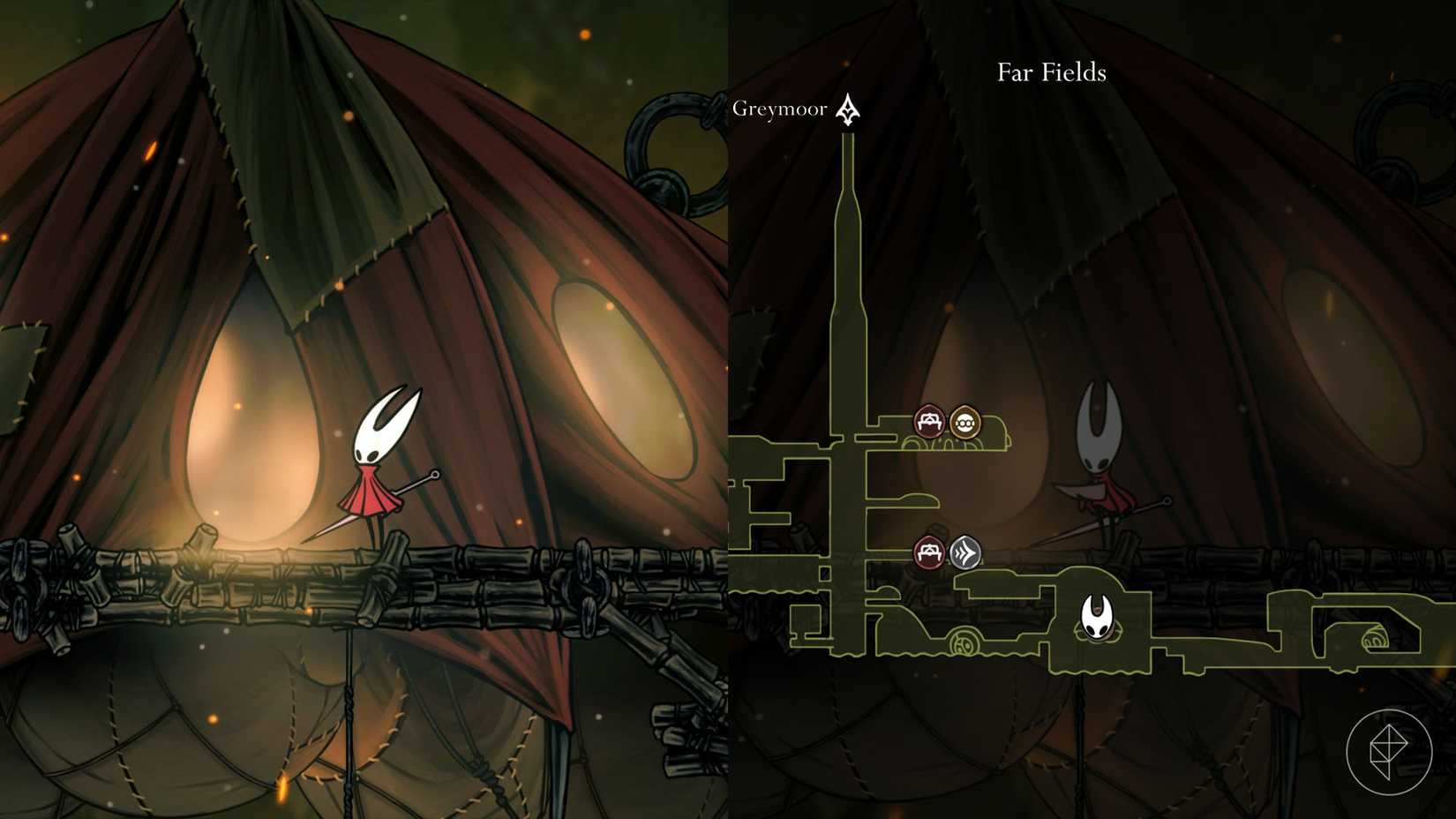 Hornet em pé do lado de fora da morada da costureira em Hollow Knight: Silksong.