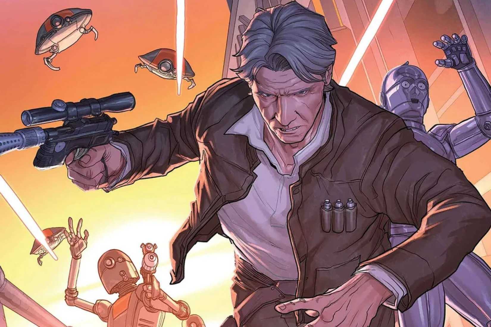 Uma imagem do quadrinho Han Solo da Marvel - caça ao Falcon. Possui um solo de Han mais velho com cabelos grisalhos e sua jaqueta e camisa marrom. Ele está cercado por dróides e fogo de blaster.
