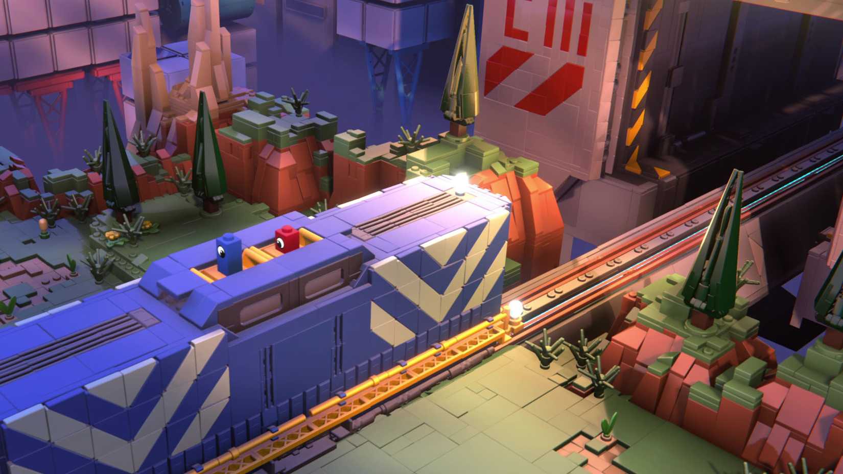 Uma captura de tela oficial da LEGO Voyagers mostrando os dois personagens de tijolos em cima de um trem azul.