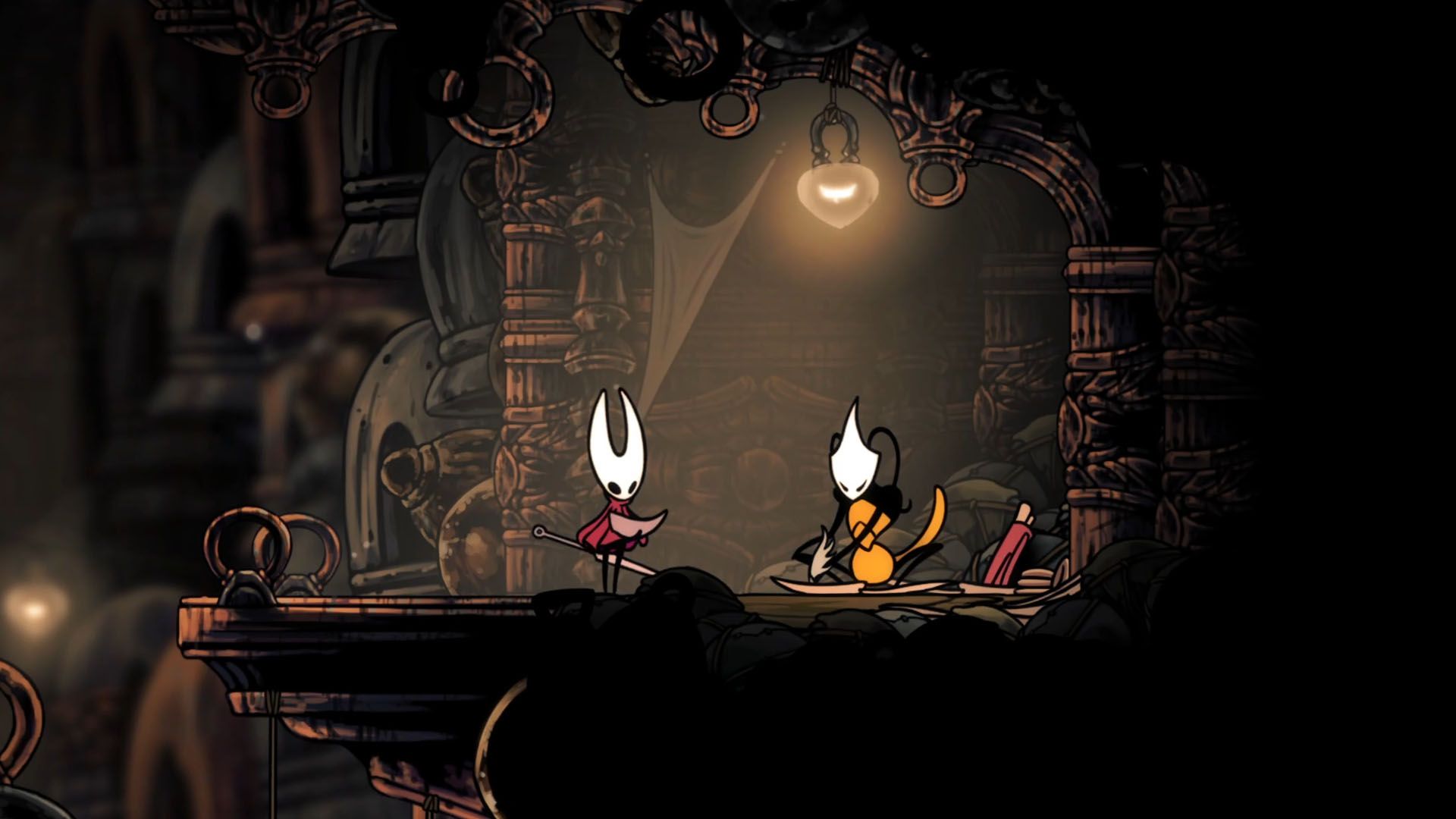 Hornet olhando para um mapa ao lado de Shakra em Hollow Knight: Silksong.