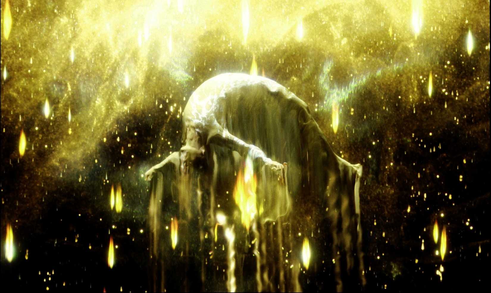 Um corpo sobe para o cosmos, com luz amarela estando em seu rastro, em uma cena do filme de 2006 de Darren Aronofsky, The Fountain