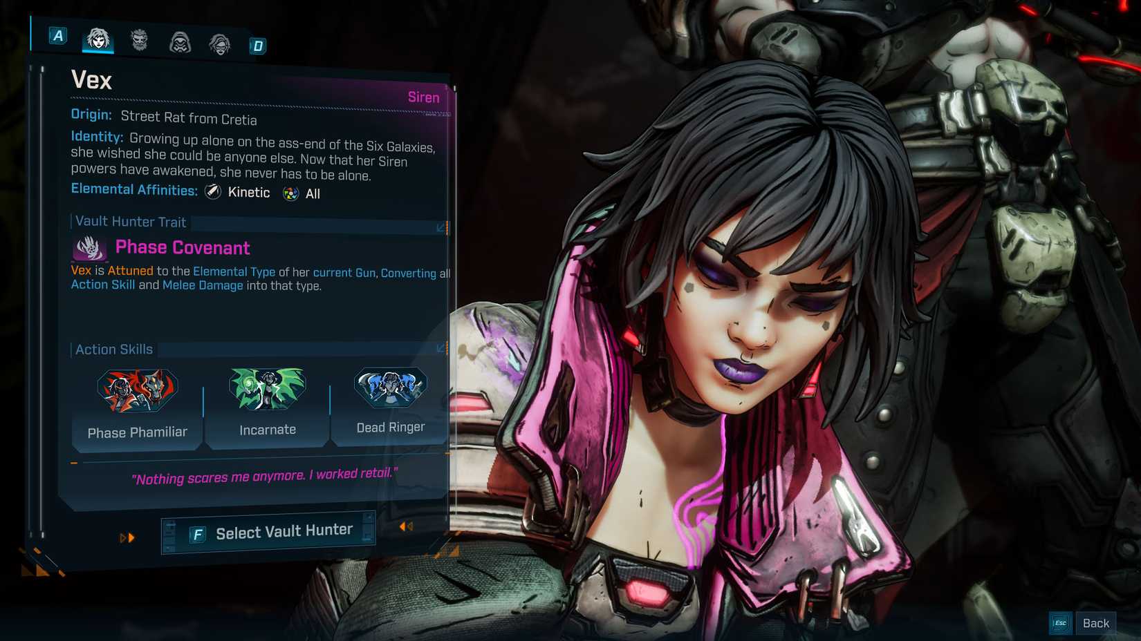 Uma captura de tela de Borderlands 4 de Vex, a sirene e uma janela explicando seu kit no menu de seleção de personagens.
