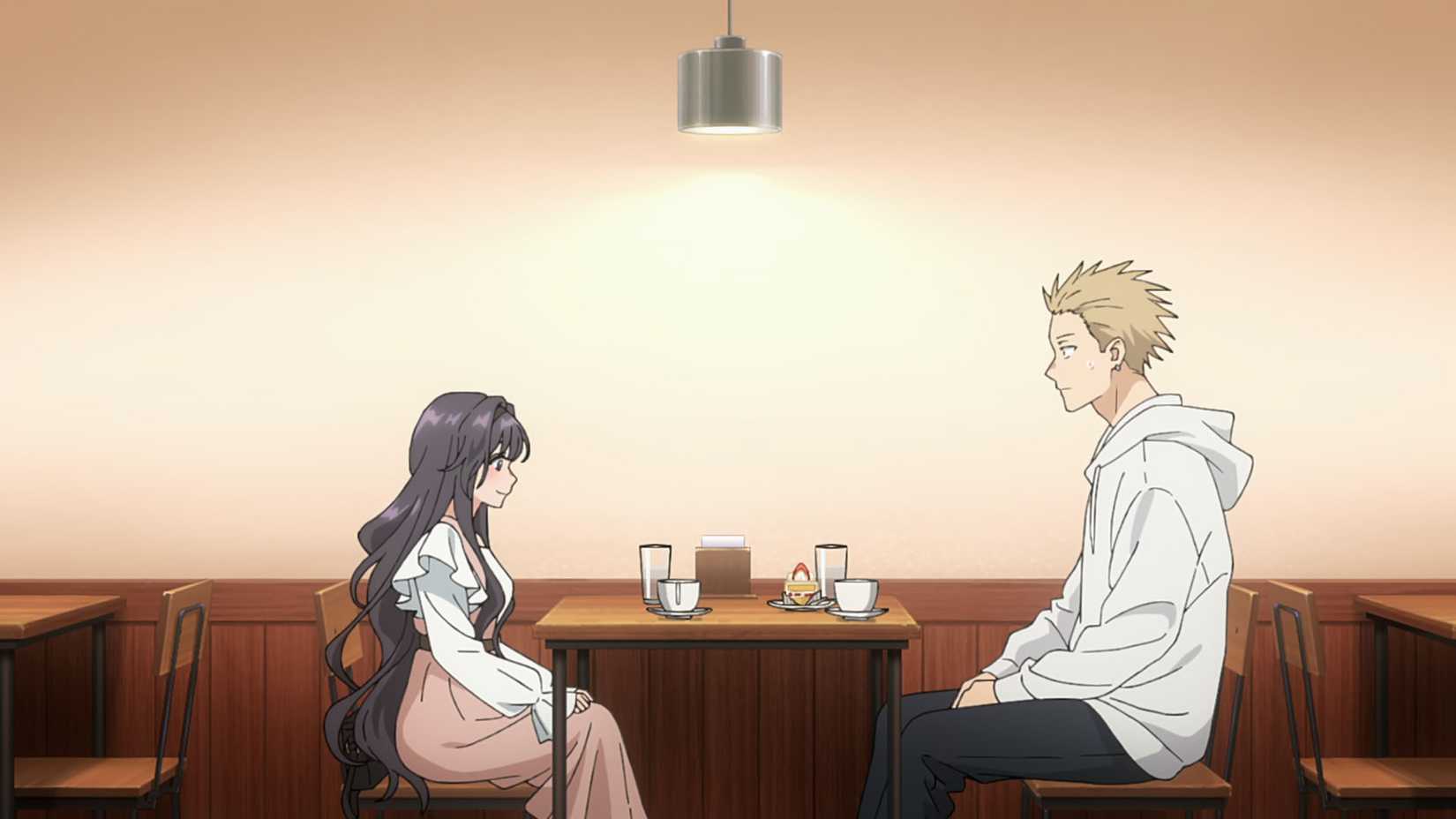 Uma captura de tela das flores perfumadas floresce com dignidade mostrando dois personagens, uma garota com longos cabelos pretos e um garoto loiro alto.