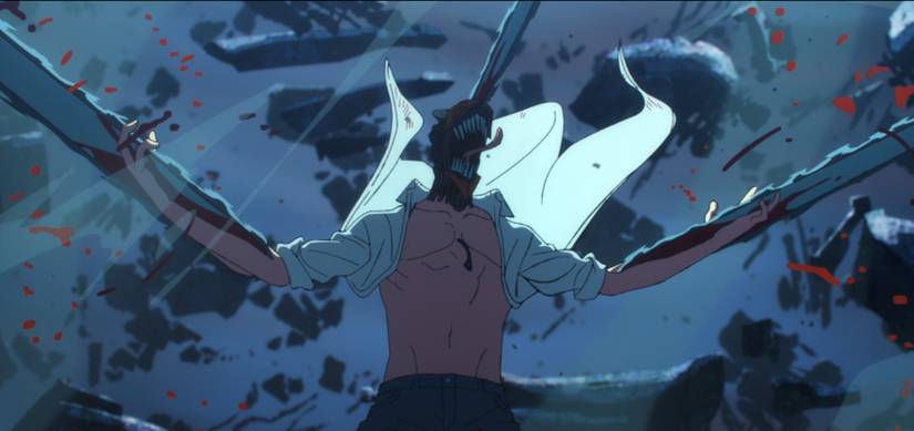 Um imóvel do trailer de Man, o filme Reze Arc, mostrando o homem da motosserra cortando um vórtice de destruição