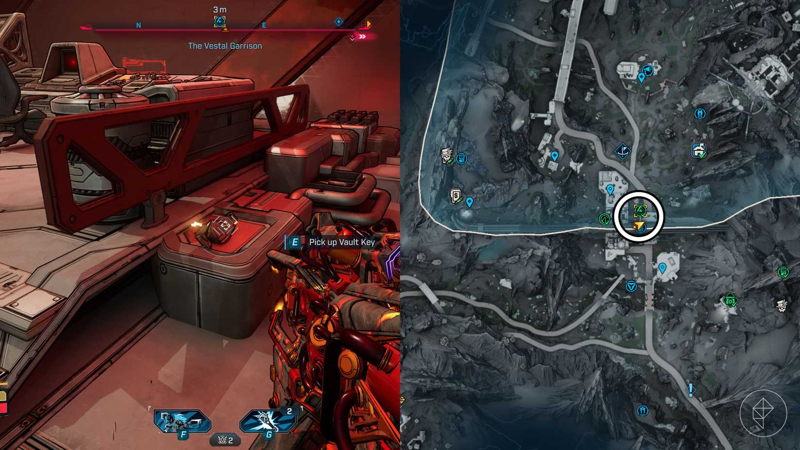 Uma montagem de duas imagens Borderlands 4 mostrando onde os jogadores encontram o primeiro fragmento -chave para o Terminus Range Vault