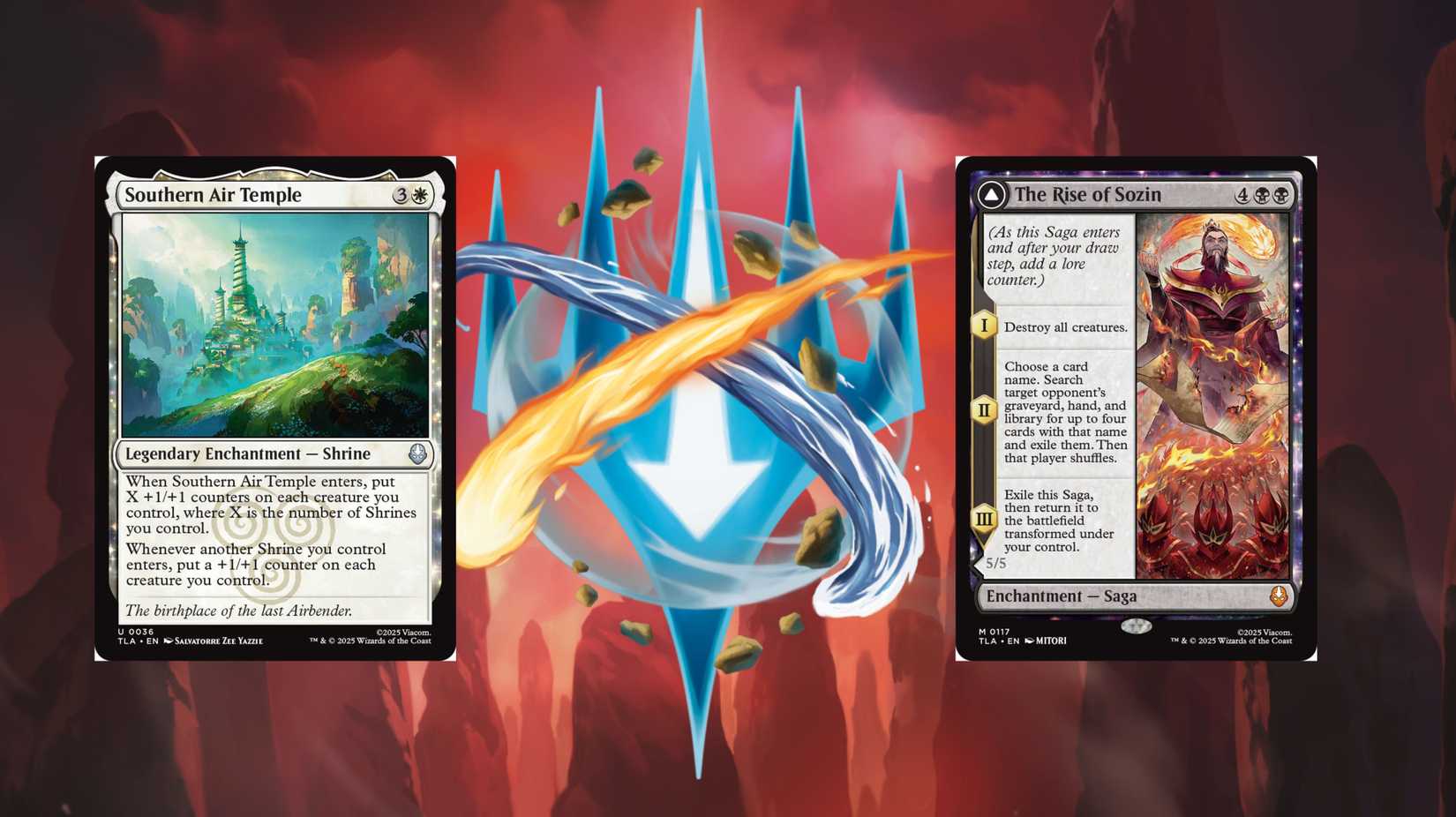         The Avatar and Magic: The Gathering Crossover Logo com dois cartões mágicos da coleção