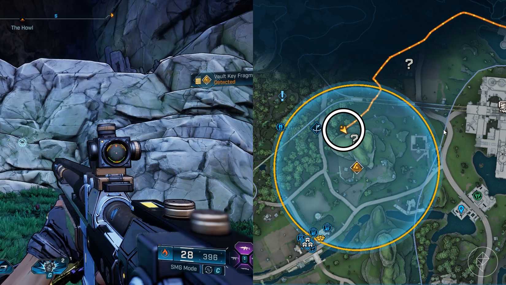 Uma montagem de duas imagens de Borderlands 4 mostrando a localização de onde os jogadores encontram o primeiro fragmento de chave do Vault na região de Fadefield