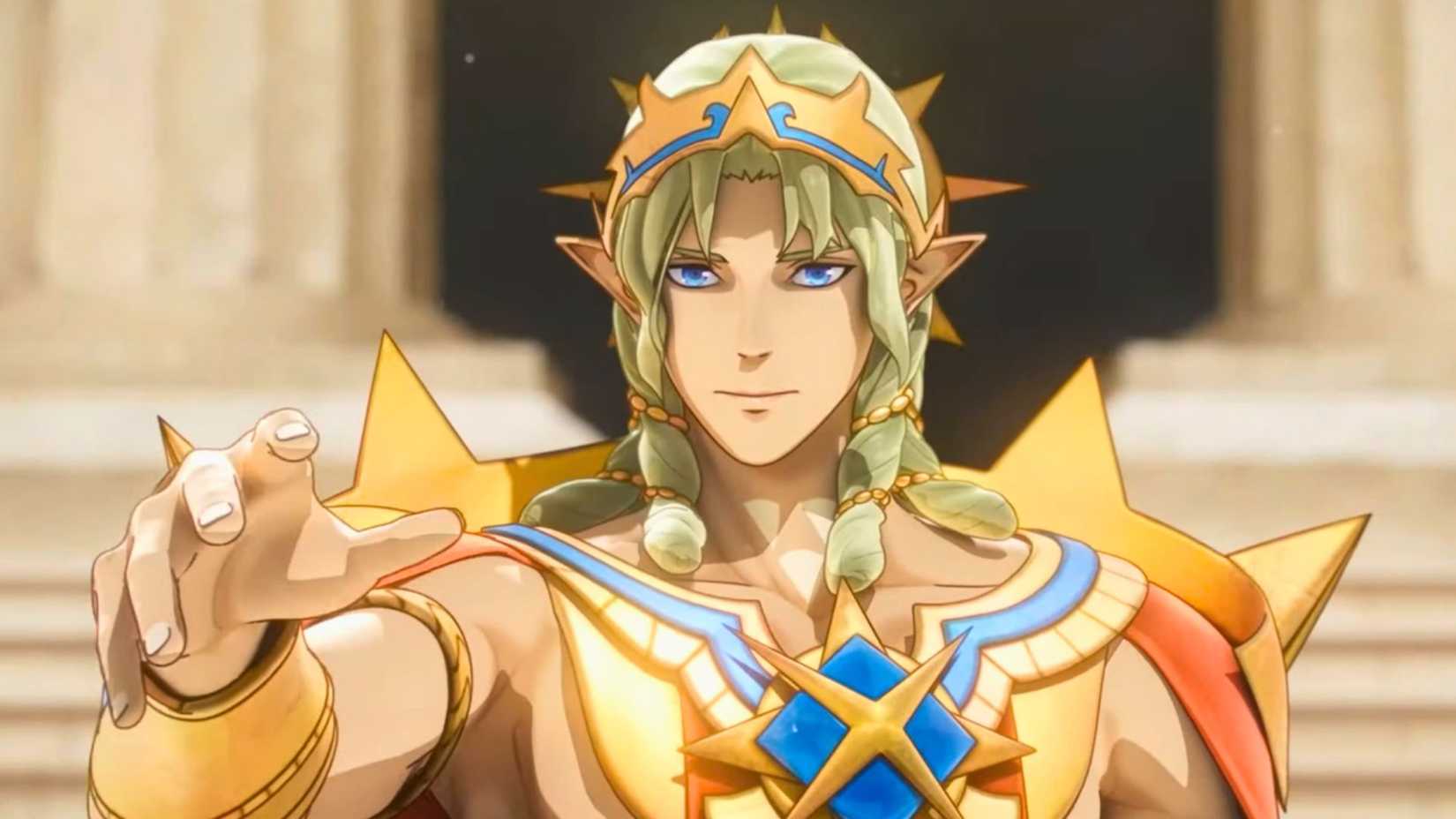 Uma imagem do Weave do Fire Emblem Fortune. Ele mostra o Soverano Divino em Regalia e levantando a mão.