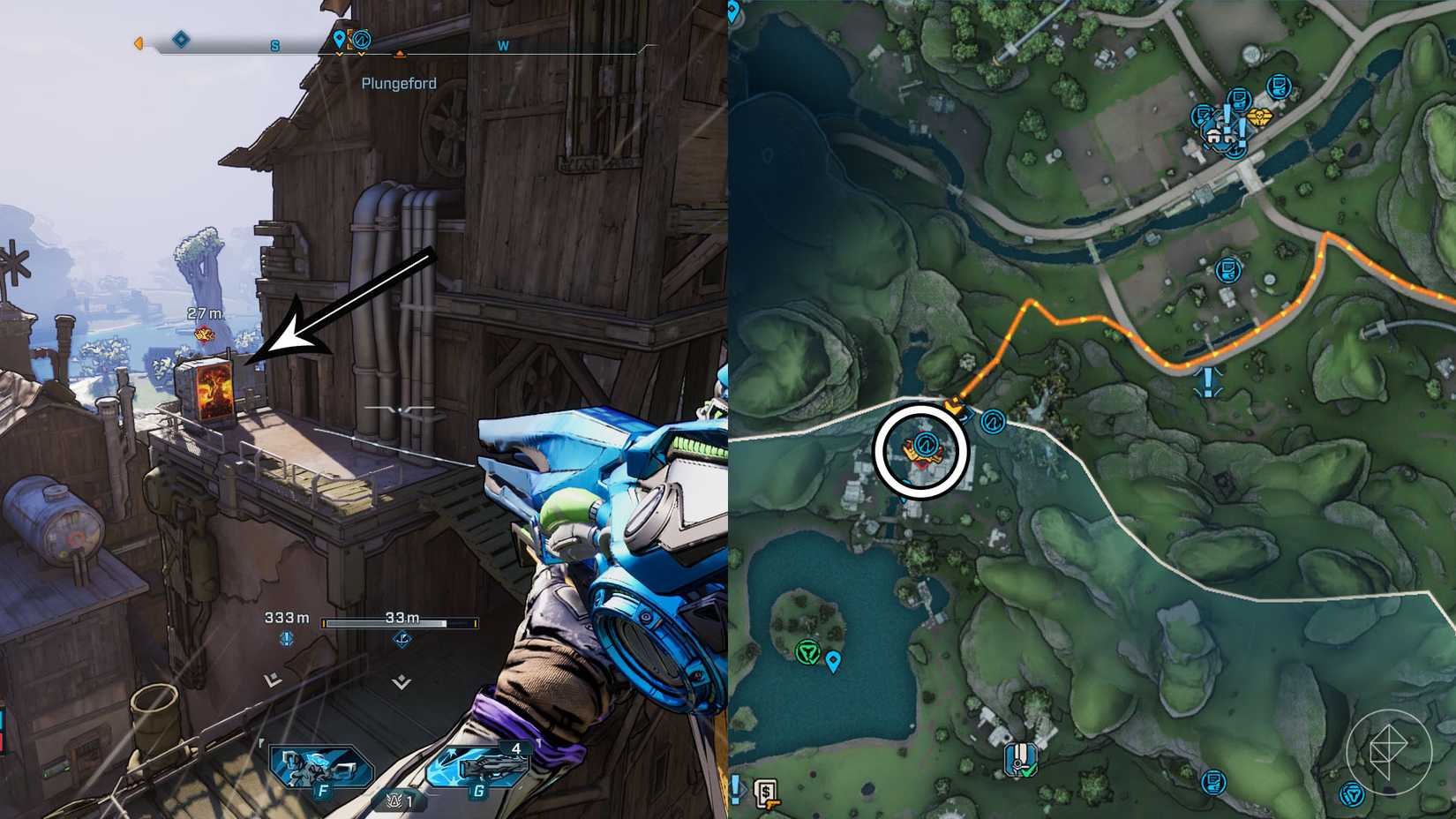 Uma montagem de duas imagens de Borderlands 4 mostrando a localização da máquina de venda automática do mercado negro de Maurice em 15 de setembro.