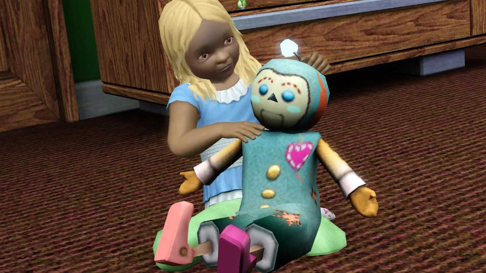 Uma criança loira da fêmea do Sims 3 toca com seu amigo imaginário um pouco menos terrivente.