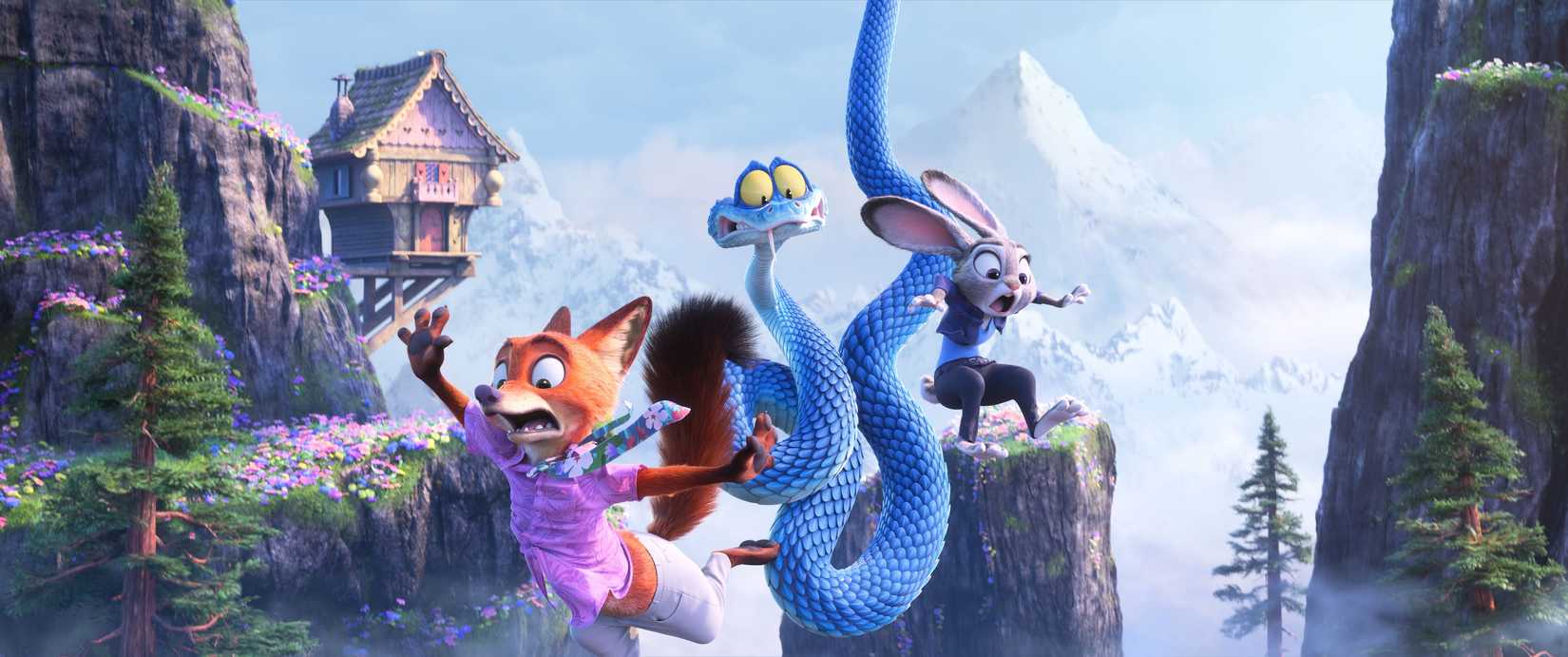 O par de Zootopia 2 de Buddy-Cops Nick (uma raposa) e Judy (um coelho) caem no ar com Gary, uma cobra azul de aparência preocupada, em Zootopia 2
