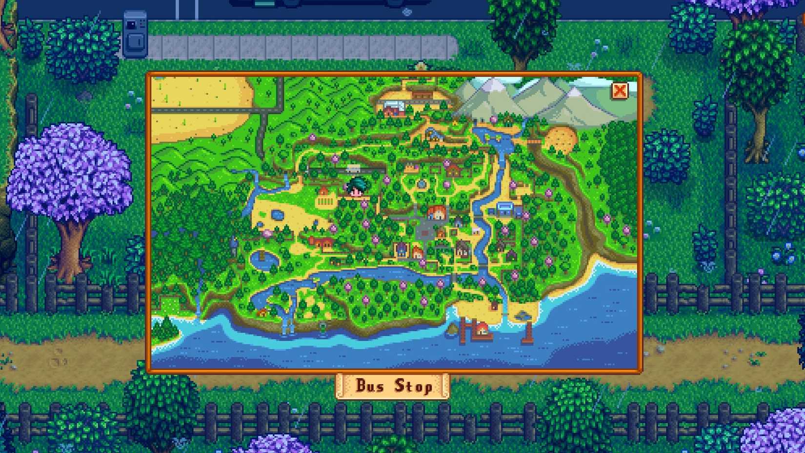 O mapa mundial após a atualização Stardew Valley 1.6 mostra o personagem do jogador perto do ponto de ônibus.