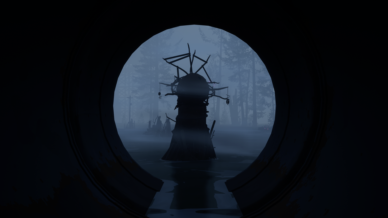 Uma estranha efígie pagã visto em silhueta no final de um túnel em Pacific Drive: Whispers in the Woods