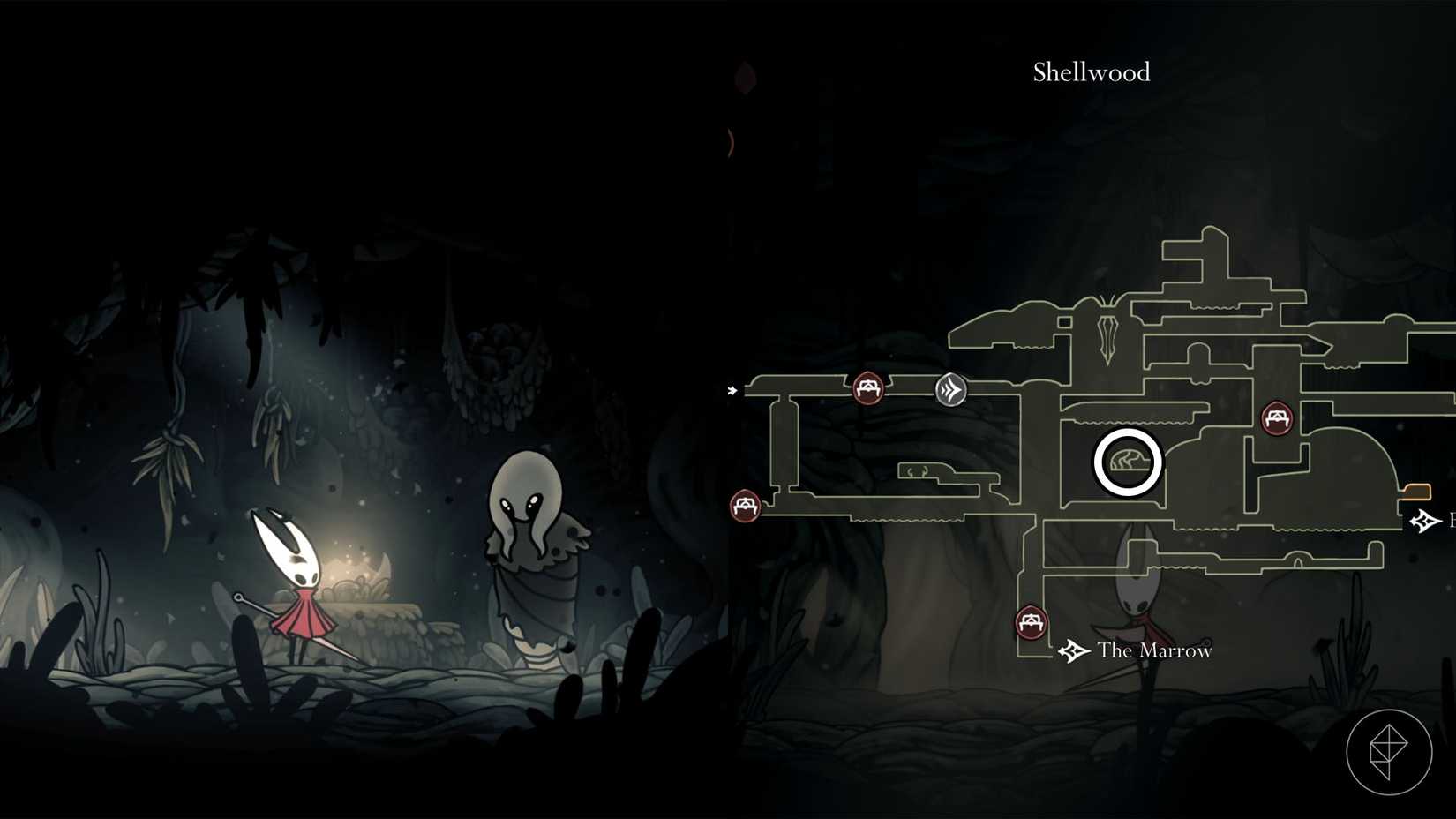 Hornet conversando com Greymoor em Shellwood em Hollow Knight: Silksong.